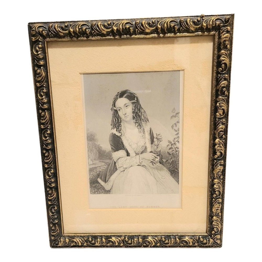 Vintage Last Rose‎ Of Summer Lady Framed Engraving Thomas Moore Poet 11 1/2"